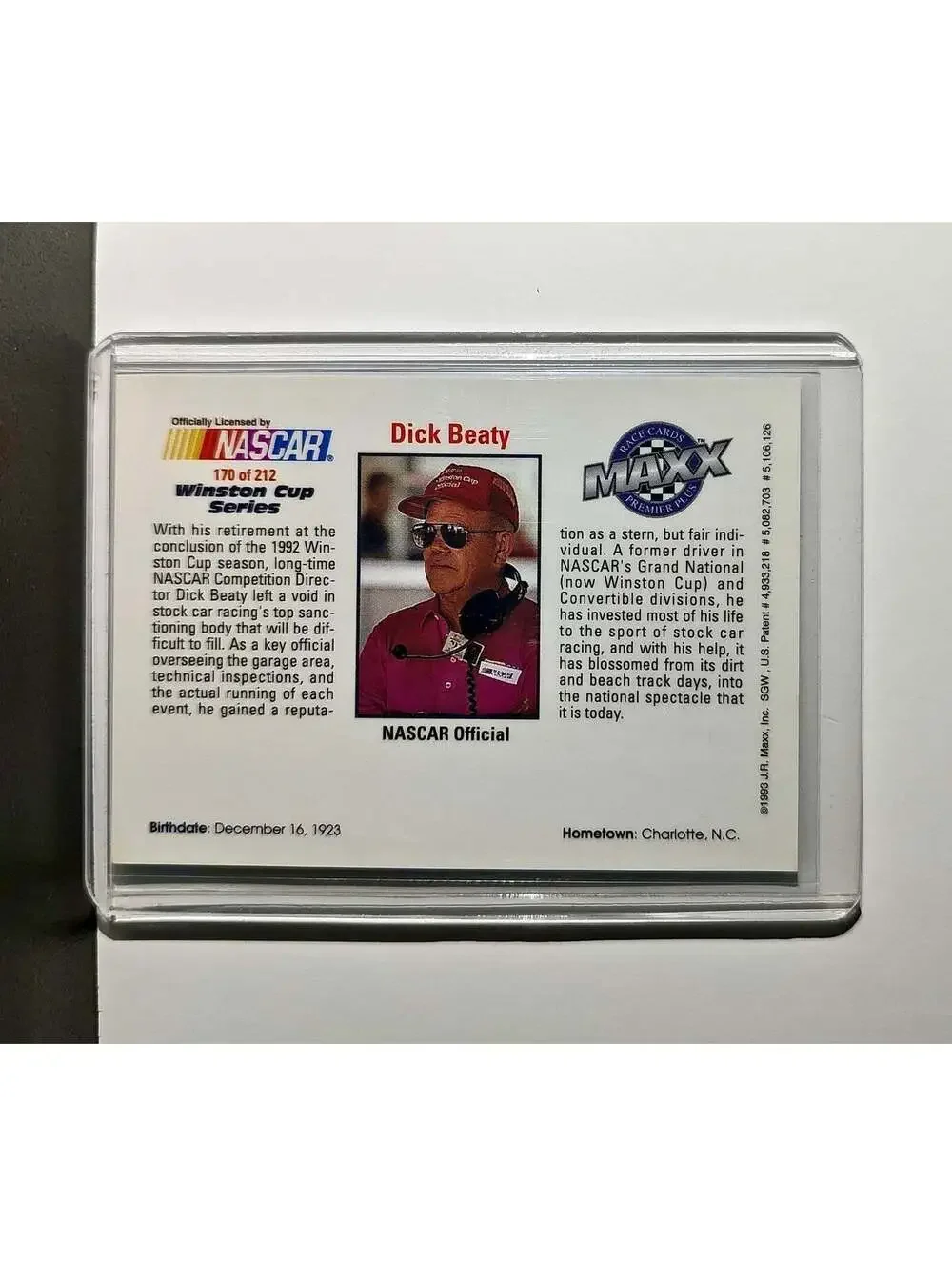 Dick Beaty 1993 Maxx Premier Plus Racing #170 NASCAR Card